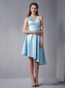 Discount Asymmetrical A-line Halter Baby Blue Ruched Dama Dress