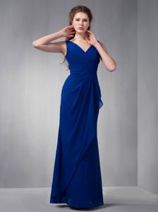 Amazing Royal Blue V-neck Chiffon Ruched Floor-length Dama Dress