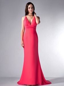 V-neck Column Chiffon Dama Dress in Coral Red with Brush Train