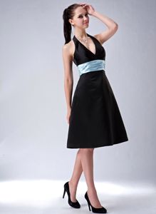 Halter A-line Knee-length Satin Black Dama Dress with Belt