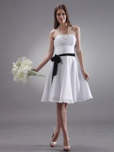 White Knee-length Chiffon Dama Dress with Ruches and Black Sash