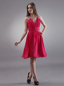 V-neck Red Dama Dress with Beading and Ruching Knee-length