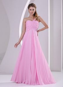 One Shoulder Pleated Pink Chiffon Empire Brush Train Dama Dress