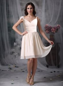 Empire V-neck Off White Knee-length Dama Dress with Ruches