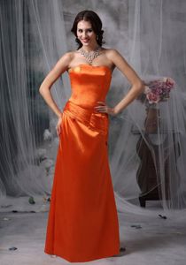 Strapless Column Orange Red Floor-length Ruched Dama Dress