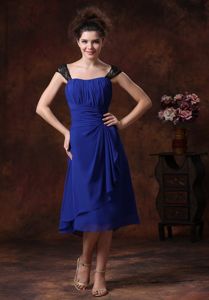 Straps Navy Blue 2013 Tea-length Ruched Ruched Dama Dress