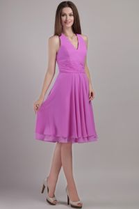 Lavender Empire Halter Top Knee-length Quince Dama Dresses Ruched