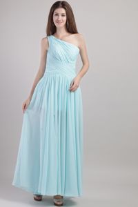 Elegant Light Blue One Shoulder Ankle-length Ruched Quince Dama Dresses