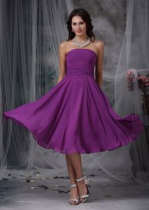 Purple Strapless Tea-length Chiffon Ruched Dresses for Damas