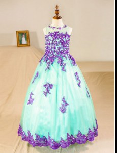 On Sale A-line Flower Girl Dress Turquoise Scoop Tulle Sleeveless Floor Length Zipper
