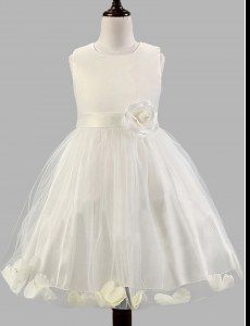 Designer Scoop Sleeveless Flower Girl Dress Floor Length Appliques and Bowknot and Hand Made Flower White Tulle