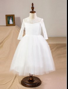Edgy Scoop Half Sleeves Flower Girl Dress Floor Length Lace White Tulle