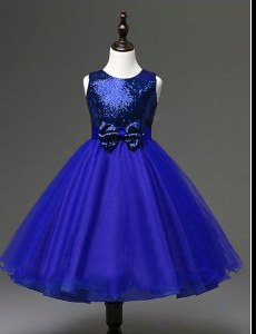Comfortable Royal Blue Zipper Scoop Sequins and Bowknot Flower Girl Dresses Organza Sleeveless