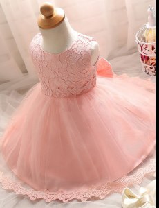 Scoop Floor Length Zipper Flower Girl Dresses Baby Pink for Party and Wedding Party with Lace