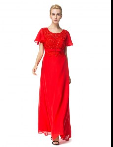 Artistic Scoop Short Sleeves Backless Mother of Bride Dresses Red Chiffon