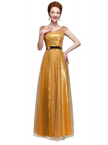 Scoop Gold Zipper Mother Dresses Beading and Sequins and Belt Cap Sleeves Floor Length