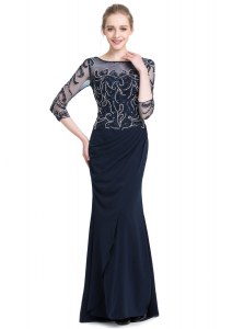 3 4 Length Sleeve Floor Length Beading and Appliques Zipper Mother of Bride Dresses with Navy Blue