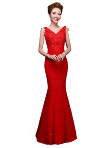 V-neck Sleeveless Mother Dresses Floor Length Lace Red Lace