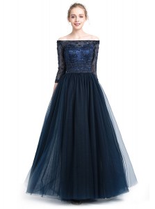 Flirting Off the Shoulder Navy Blue 3 4 Length Sleeve Beading and Appliques Floor Length Mother of Bride Dresses