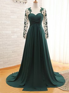 Dramatic Empire Mother of Bride Dresses Teal Sweetheart Satin Long Sleeves With Train Zipper