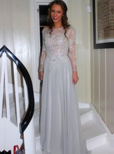 Grey A-line Appliques Mother of the Bride Dress Backless Chiffon Long Sleeves Floor Length