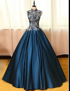 Captivating Sleeveless Floor Length Appliques Backless Mother Dresses with Navy Blue