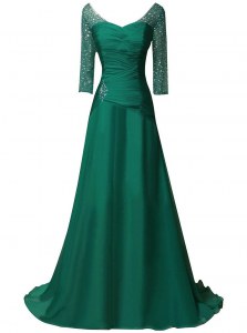 Chiffon V-neck Long Sleeves Sweep Train Zipper Beading and Ruching Mother of Bride Dresses in Green
