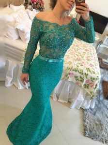 Mermaid Lace Floor Length Green Mother of Groom Dress Bateau Long Sleeves Backless