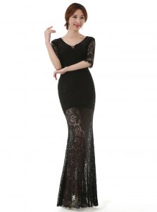 Black Column/Sheath Lace Scoop Half Sleeves Lace Ankle Length Zipper Mother of Groom Dress