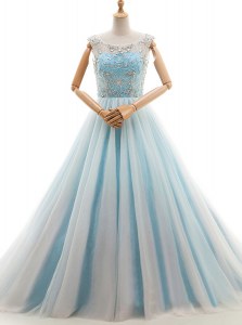 Customized Light Blue Tulle Lace Up Scoop Sleeveless With Train Mother Dresses Court Train Beading