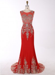 Chic Red Mermaid Scoop Sleeveless Chiffon With Brush Train Zipper Beading and Appliques Mother Dresses