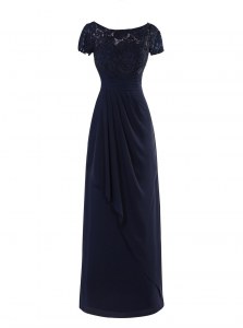 High End Scoop Short Sleeves Floor Length Zipper Mother of Bride Dresses Navy Blue for Wedding Party with Lace and Ruching