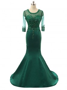 Decent Mermaid Scoop Beading Mother Dresses Green Zipper 3 4 Length Sleeve Brush Train