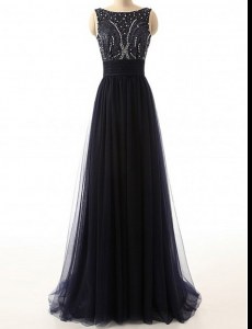 Fitting Black A-line Tulle Bateau Sleeveless Beading With Train Backless Mother of Bride Dresses Sweep Train