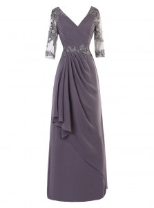 Custom Made Grey A-line V-neck Long Sleeves Chiffon Floor Length Zipper Beading and Appliques and Ruching Mother of the Bride Dress