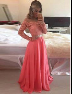 Customized Watermelon Red A-line Scoop Long Sleeves Chiffon Floor Length Zipper Beading and Appliques Mother Dresses
