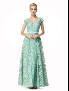 Affordable Lace V-neck Cap Sleeves Zipper Pleated Mother of Bride Dresses in Turquoise