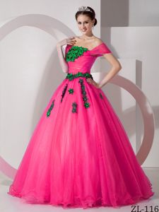 Off the Shoulder Organza Quinces Dress with Floral Embellishment