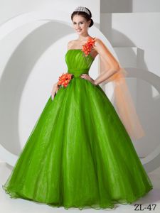 Best Hand Made Flowers One Shoulder Sweet 15 Dresses in Green