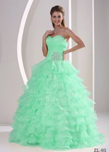 Princess Beaded Apple Green Sweet 15 Dresses with Ruffled Layers