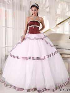 Formal Strapless Beading Dress for Quince in Burgundy and White