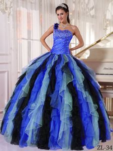 Multi-colored Ruffles One Shoulder Sweet 15 Dresses with Beading