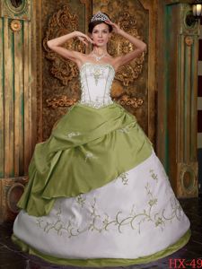 Attractive Olive Green and White Dress for Quince with Embroidery