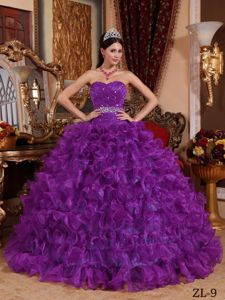 Purple Rolling Flowers Quinces Dresses with Beaded Ruche Bodice