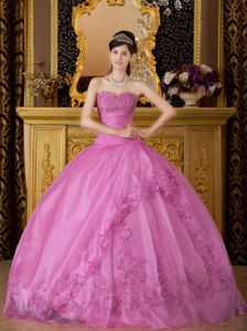 Latest Rose Pink Ball Gown Appliques Sweet 16 Dress with Ruches