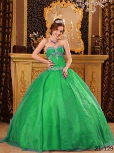 Cheap Organza Appliques Green Quinceanera Gowns with Beading