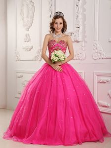 Hot Pink Sweetheart Tulle Sweet 16 Dresses with Beading Hot Sale