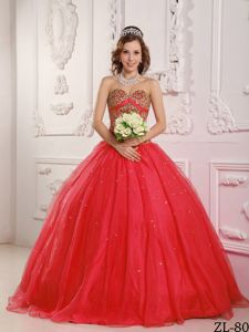 the Brand New Style Beaded Sweetheart Tulle Quince Dress in Red