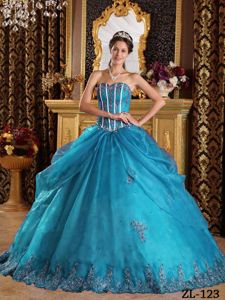 Customize Teal Organza Appliques Quinces Dresses with Beading
