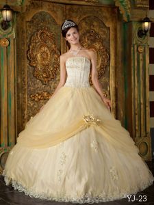 Inexpensive Strapless Tulle Sweet Sixteen Dresses with Appliques